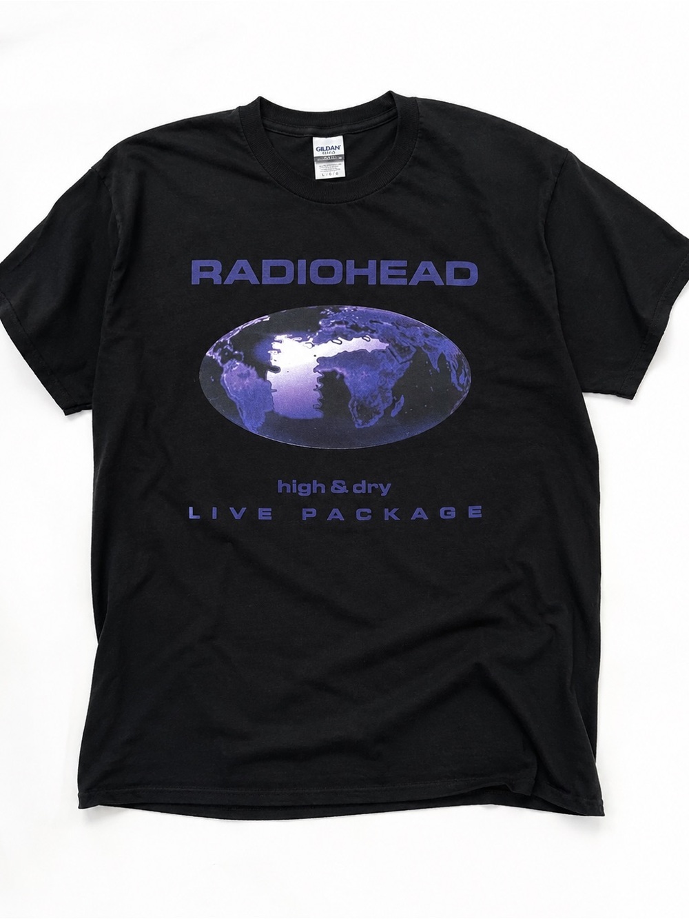 Gildan Black T-Shirt with White Care Tag and Blue Logo